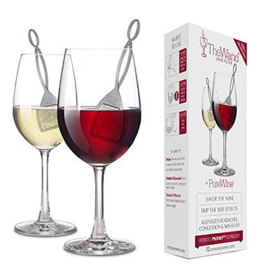  The Wand™  in a glass of red wine and a glass of white wine.  Also pictured is the packaging it comes in.
