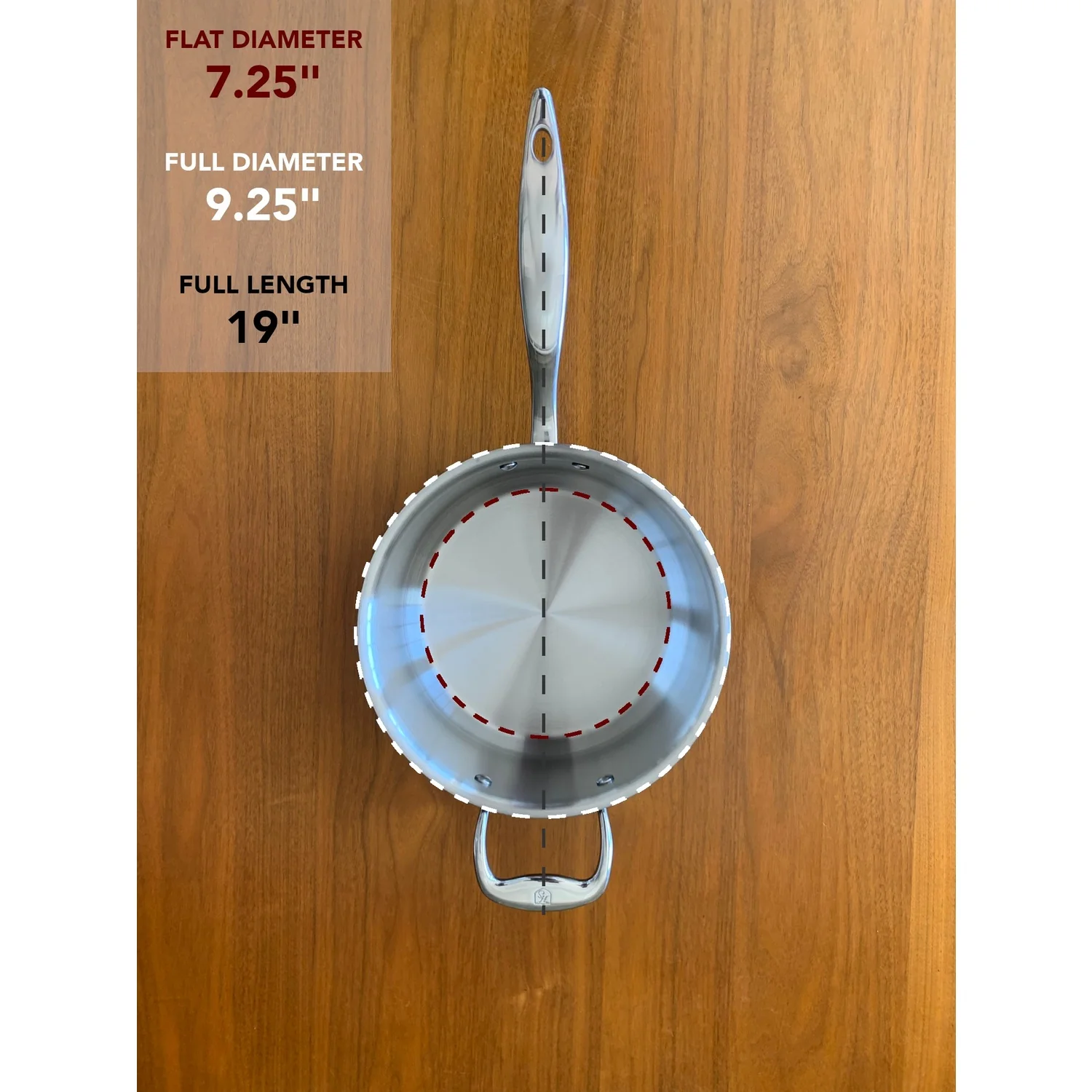 Metallic measuring tool with dimensions displayed on a wooden background