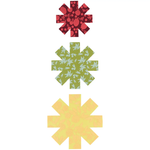 Three vertical rows of geometric starburst cookware dividers in red, green, and yellow, each filled with a subtle pattern, on a plain white background.