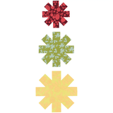 Three vertical rows of geometric starburst cookware dividers in red, green, and yellow, each filled with a subtle pattern, on a plain white background.