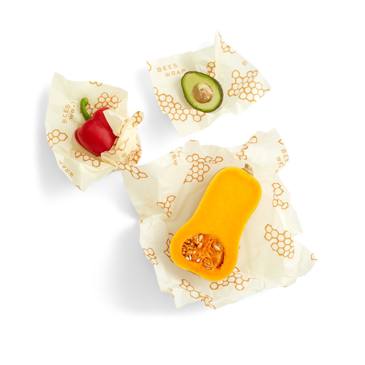 Bees Wrap Assorted 3 Pack (S, M, L) Yellow Honeycomb wrapping red pepper, avacado, butternut squash