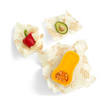 Bees Wrap Assorted 3 Pack (S, M, L) Yellow Honeycomb wrapping red pepper, avacado, butternut squash