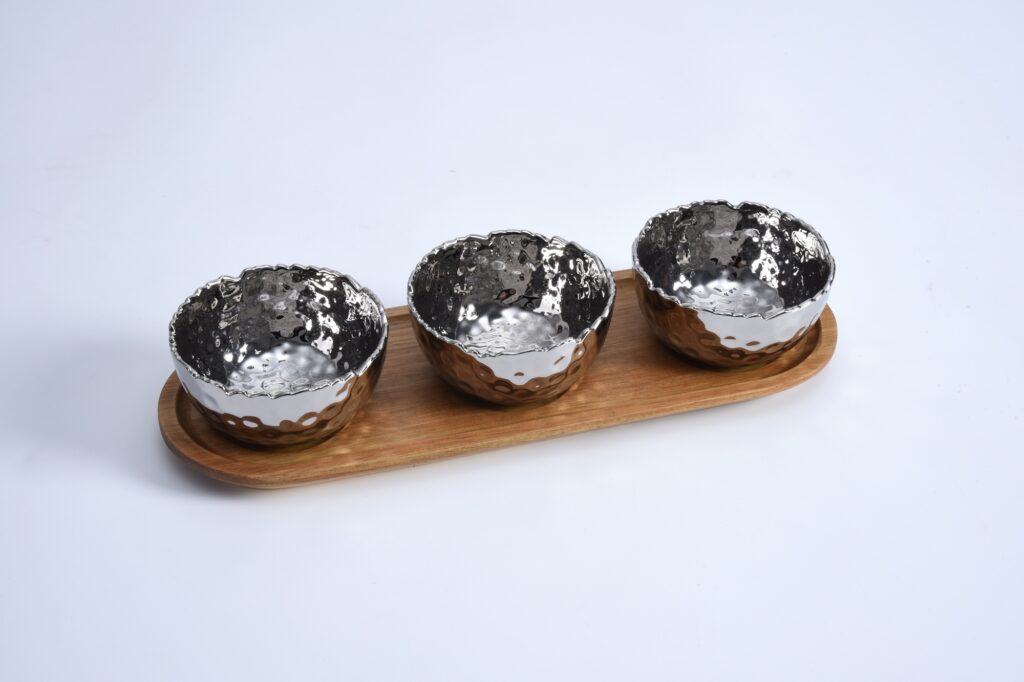 Pampa Bay 4-Piece Entertaining Set of Four Porcelain Bowls on Acacia Board