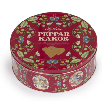 Peppar Kakor Gingerbread Cookies in a beautiful red rosemaling tin