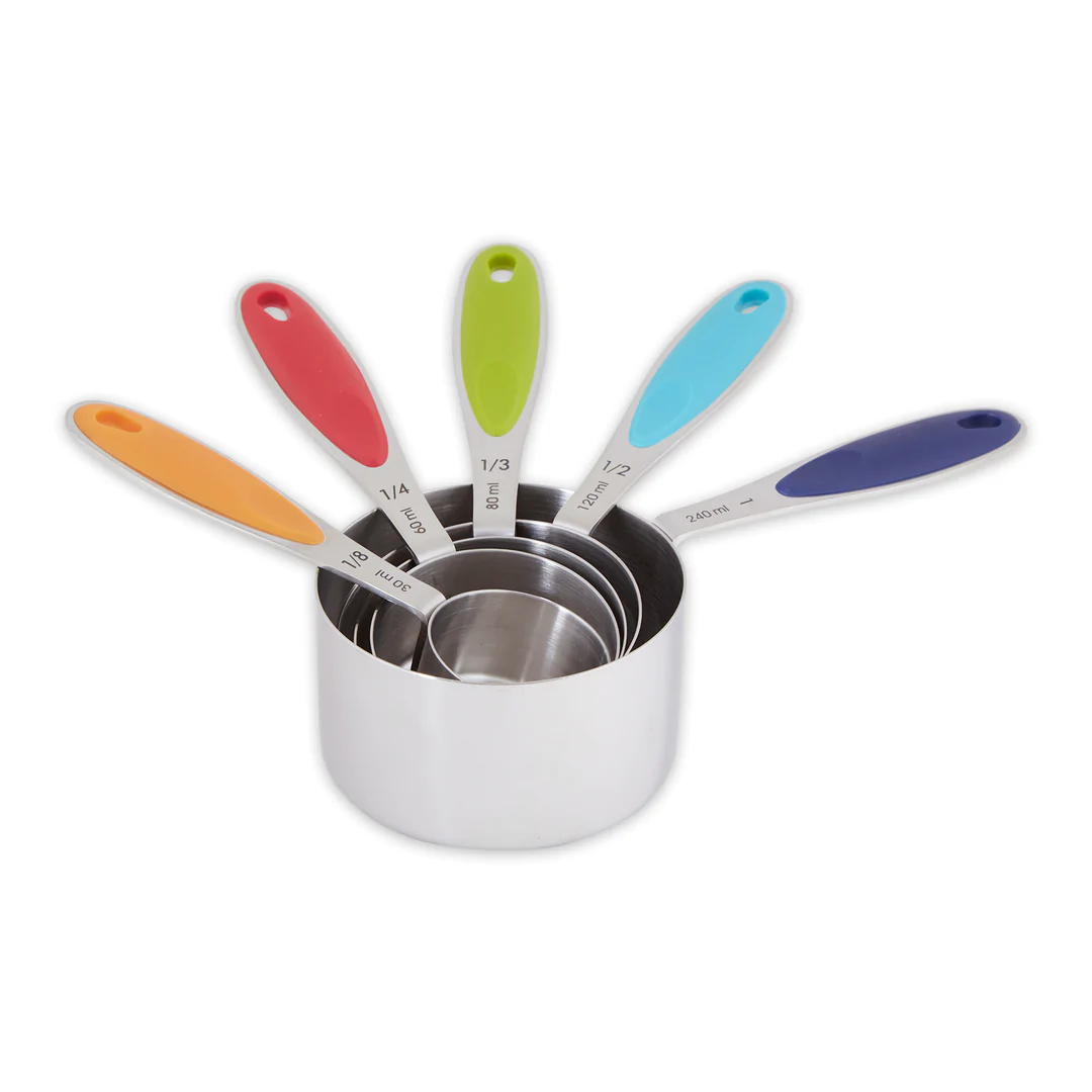 Measuring Cups with handles that are Orange, Red, Green, Light Blue, and Navy 