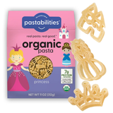 Princess Organic Pasta packaging on white background with a castle shaped pasta, a princess shaped pasta, and a crown shaped pasta